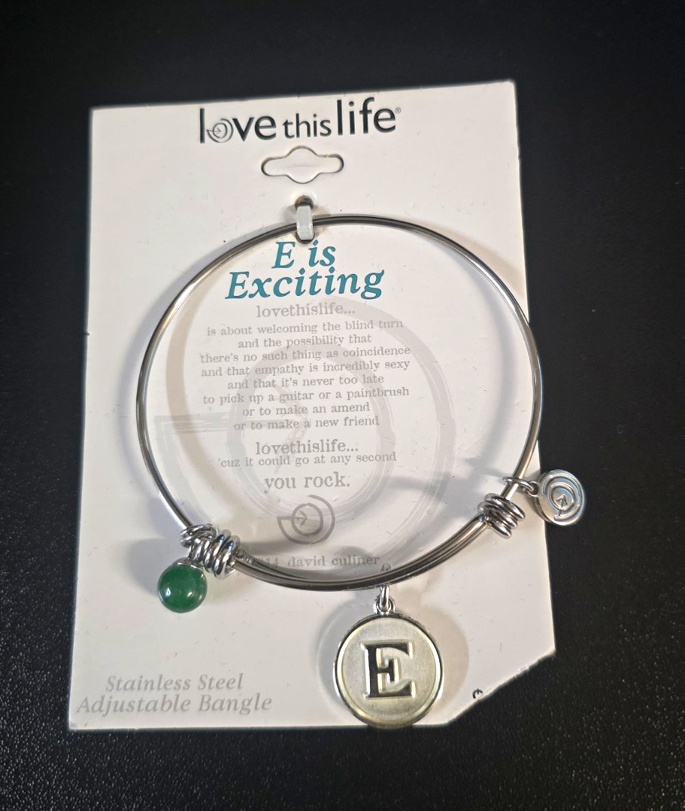 love this life Stainless Steel Adjustable Bangle Bracelet Letter E Green Charm